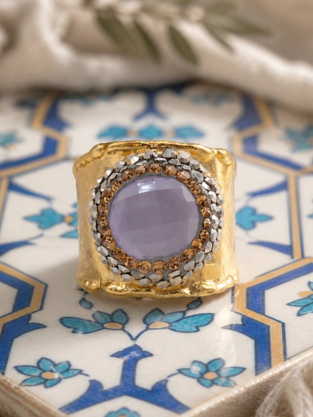 Turkish Coquette Mob Wife Pink Cat's Eye Hematite 18K Gold Cocktail Ring Adj 5-8